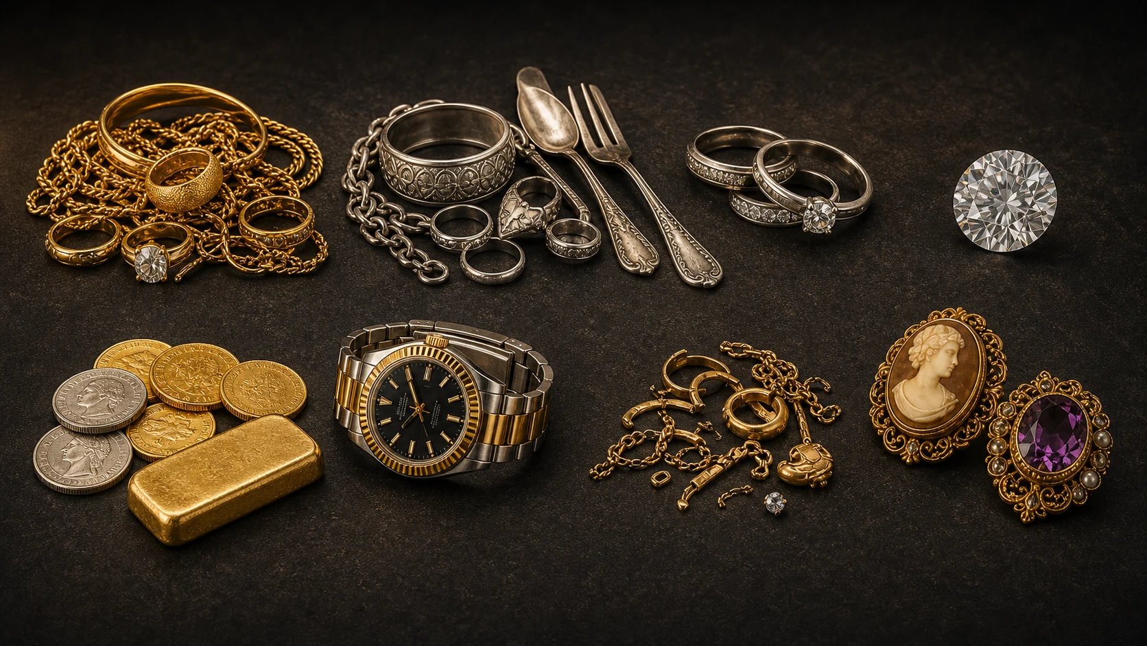 Collection of jewelry, coins, bullion, a watch, and a diamond