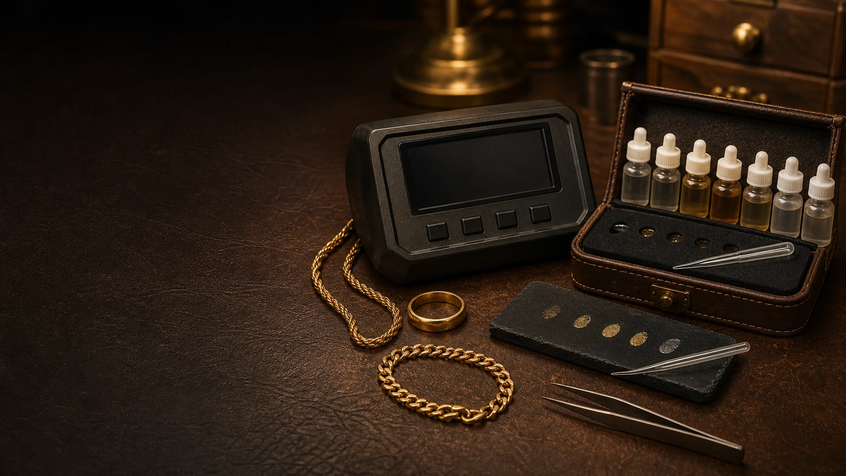 Electronic tester and traditional acid-testing kit on a workbench